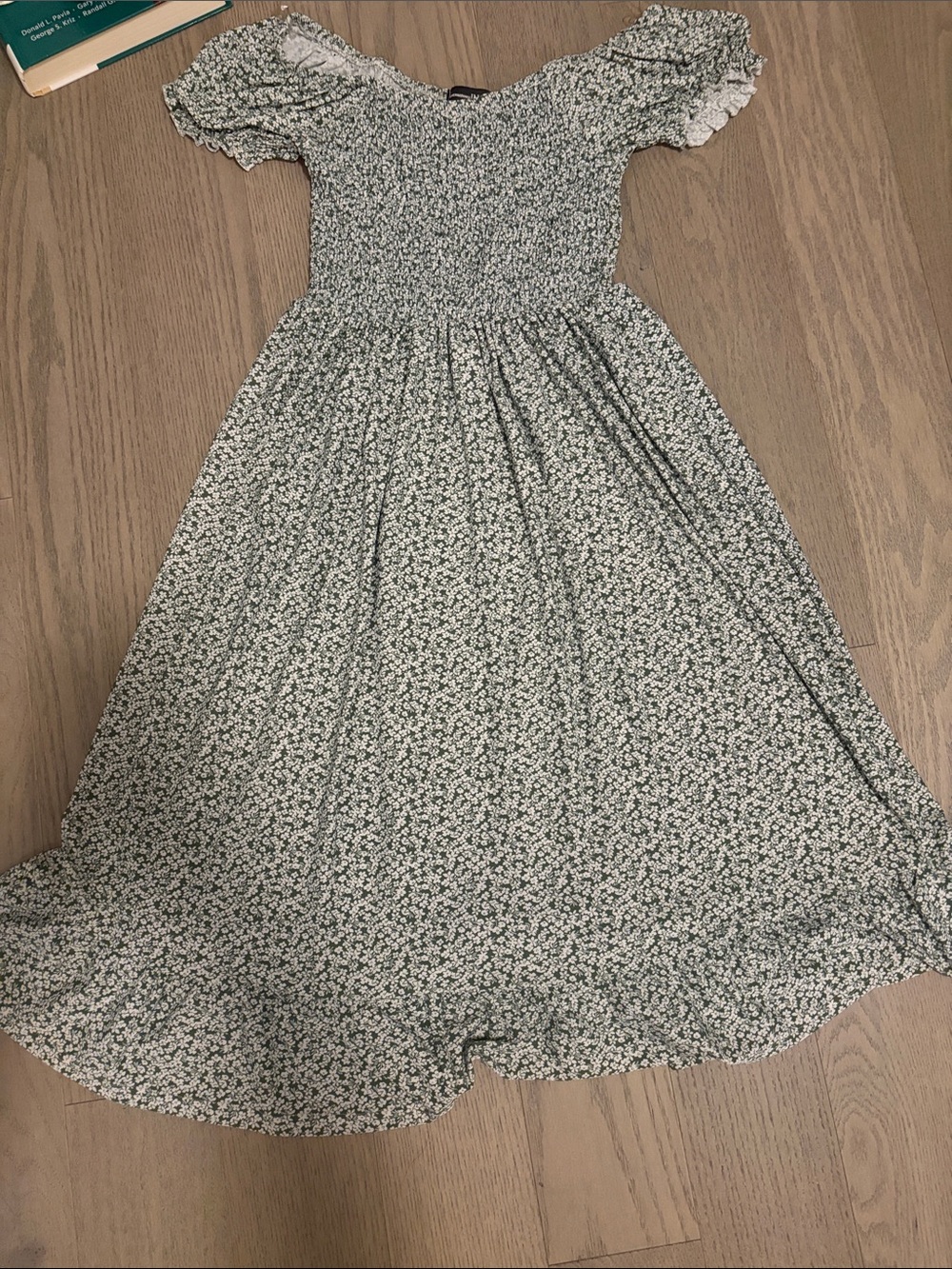 Smocked green and white midi floral dress